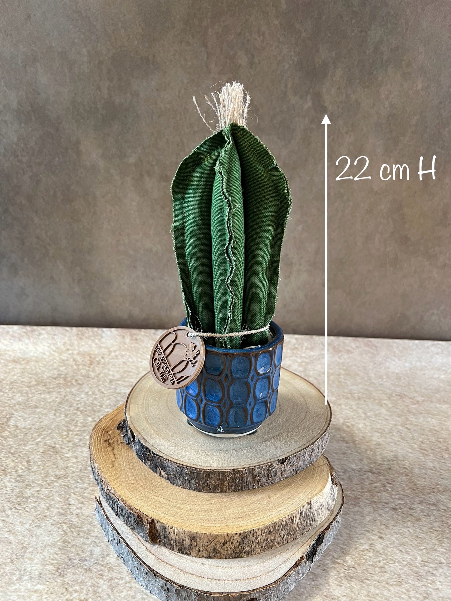 Mini Cactus in cotone verde scuro, vaso in ceramica lucida color blu con motivo geometrico, altezza circa 22 cm.