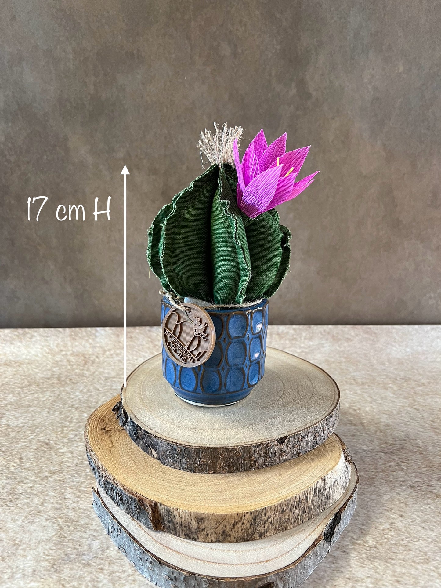 Mini Cactus in cotone verde scuro, vaso in ceramica lucida color blu con motivo geometrico, altezza circa 17 cm.