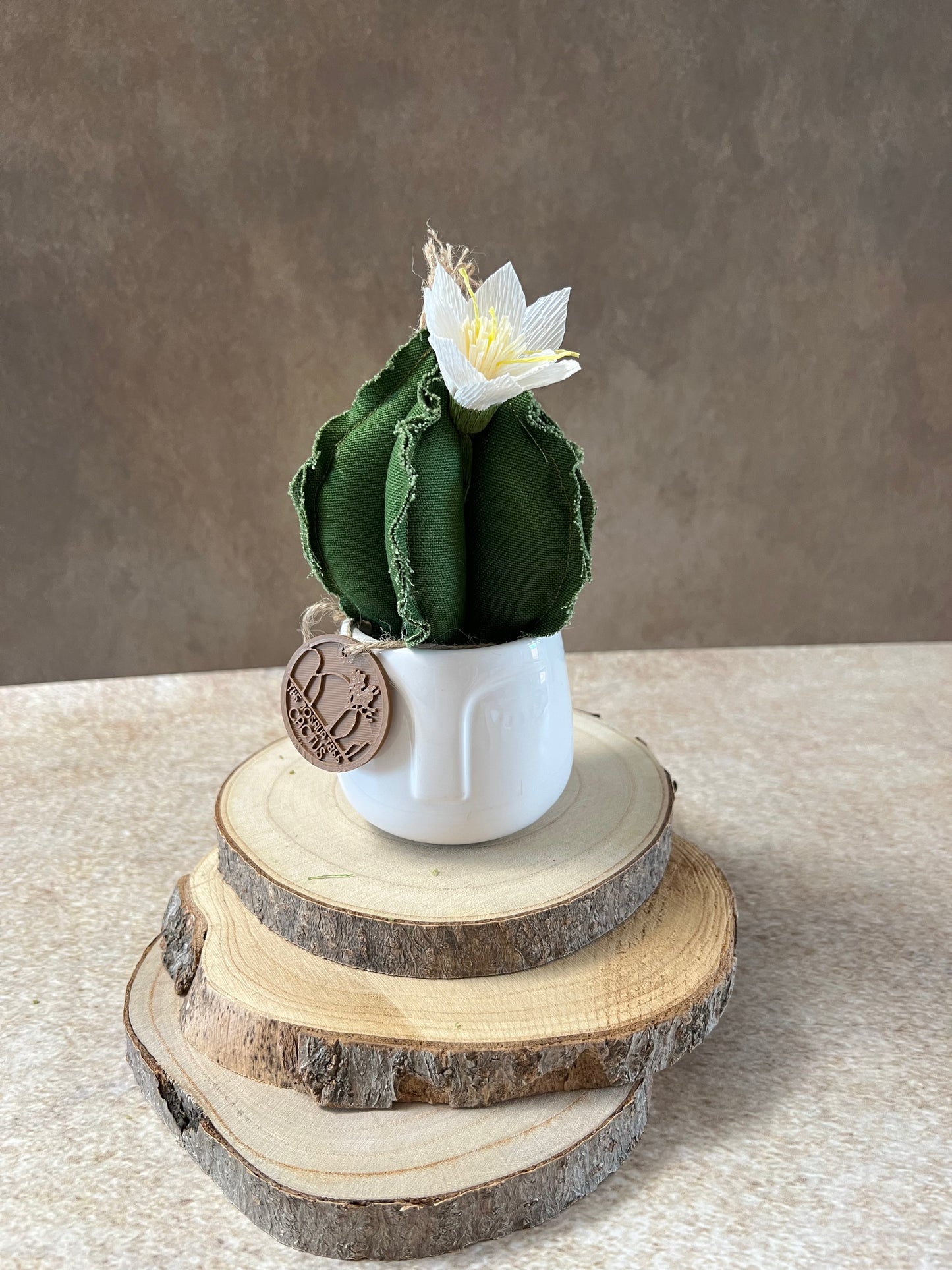 Mini Cactus in cotone verde scuro, vaso in ceramica lucida bianca con motivo "volto", altezza circa 19 cm. (Copia)