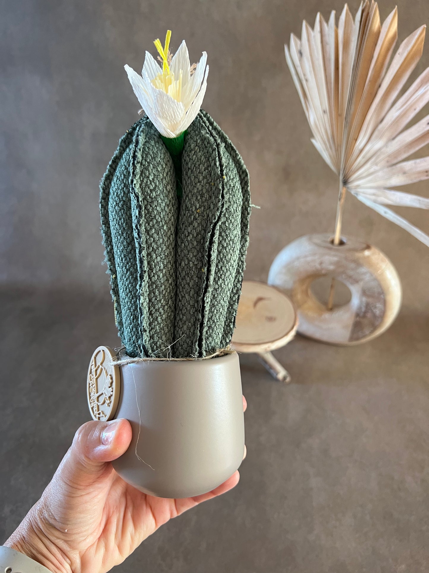Mini Cactus in cotone verde scuro mélange, vaso in ceramica tortora opaco liscio - h circa 23 cm - fiore staccabile.