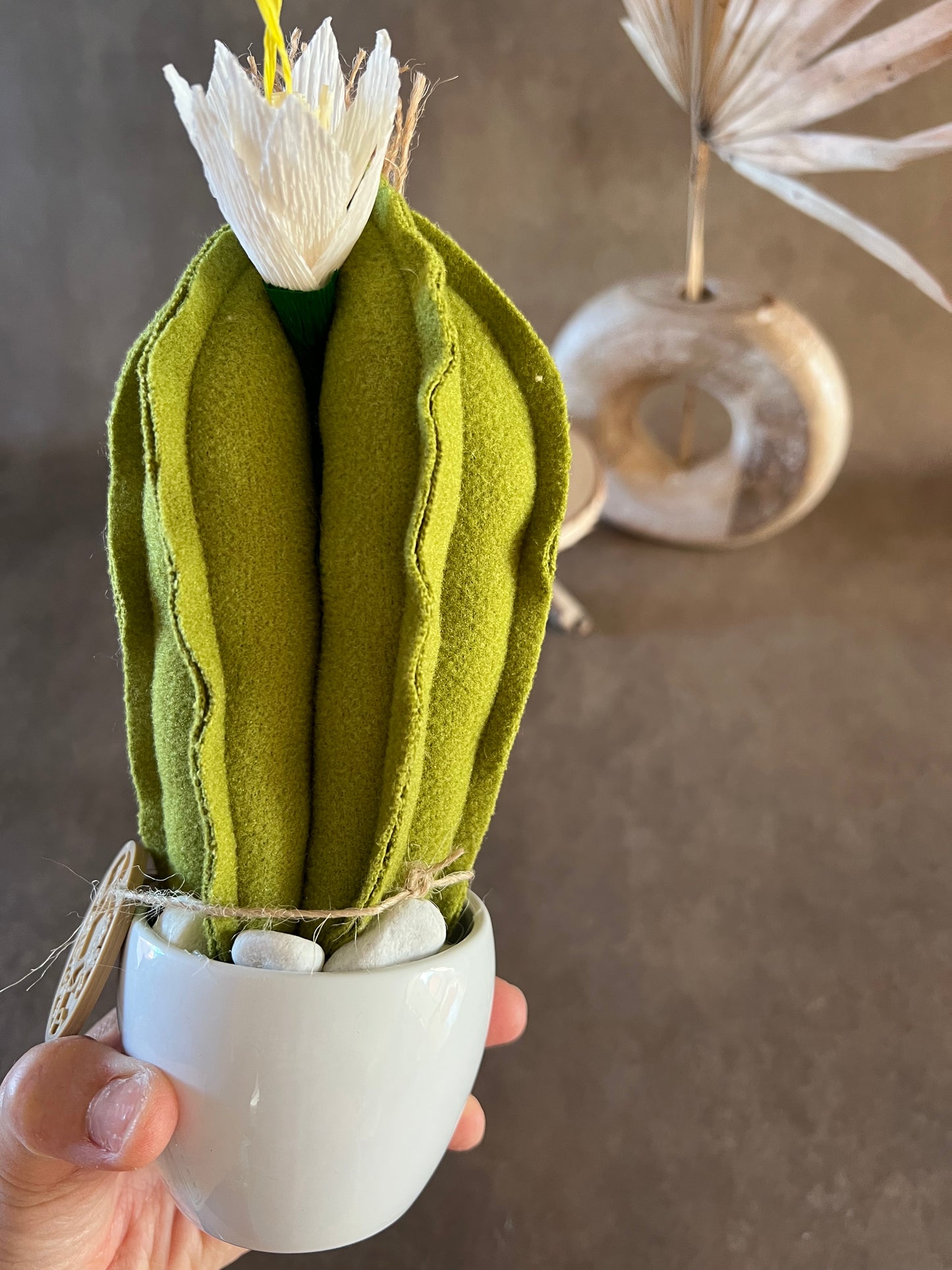 Mini Cactus in panno verde, vaso in ceramica bianco liscio - h circa 22 cm - fiore staccabile.