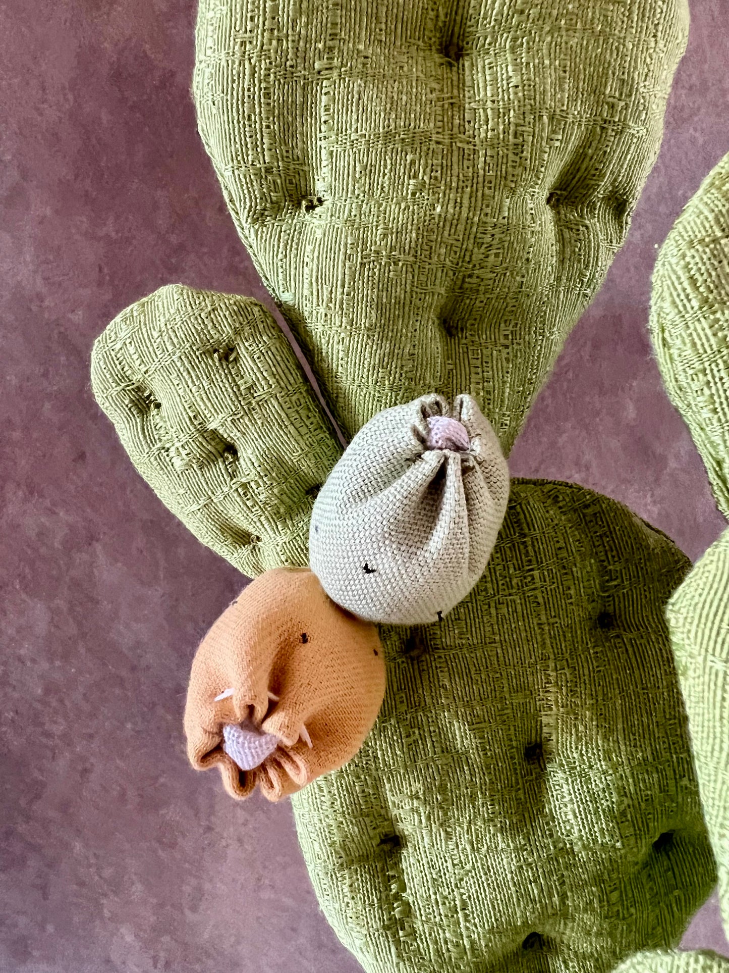 Opuntia in wool fabric complete with white ceramic vase and decorative stones.