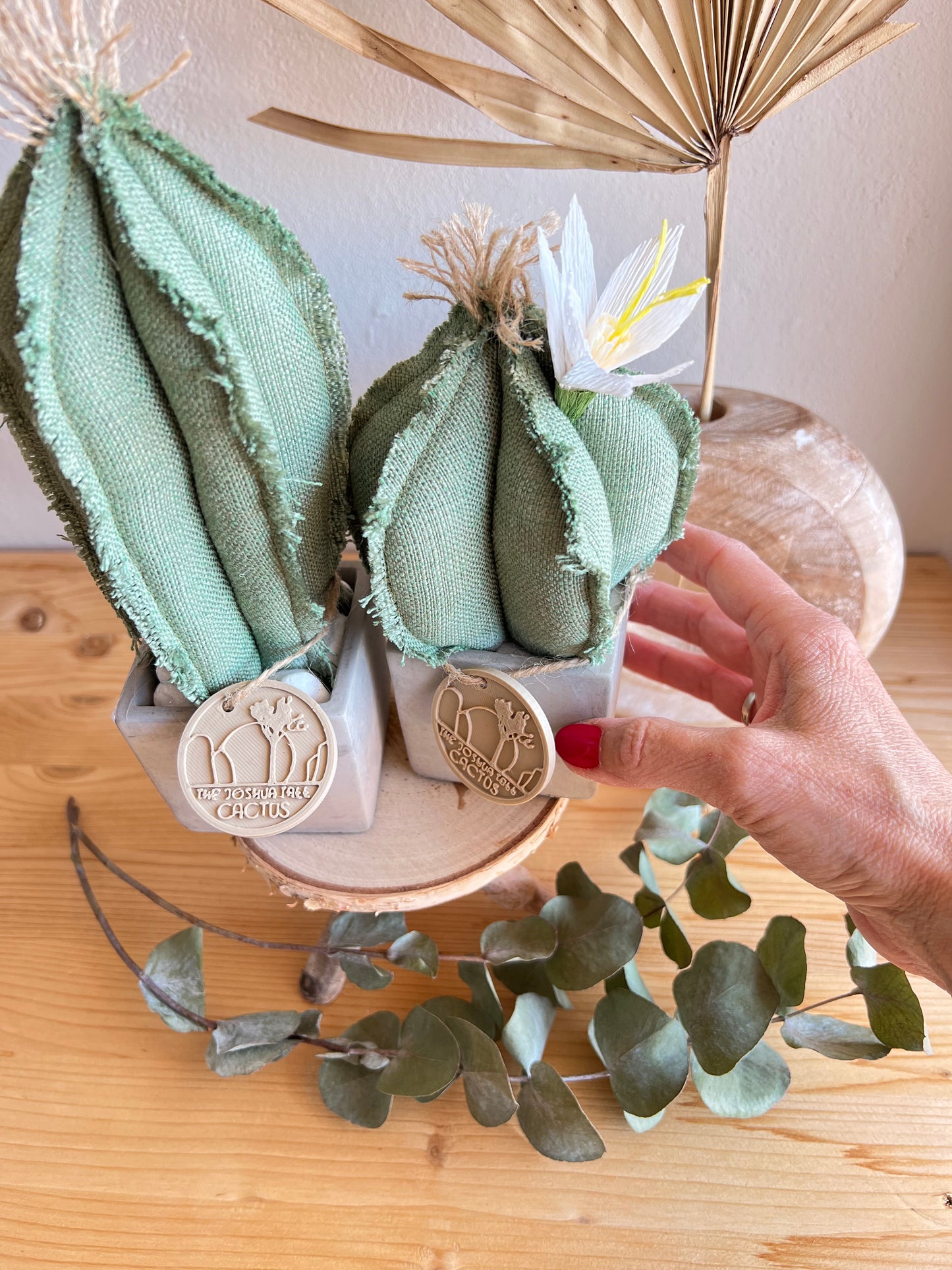 Coppia di mini Cactus in cotone verde, vaso cubo in cemento, h circa 17 e 23 cm - fiore staccabile.