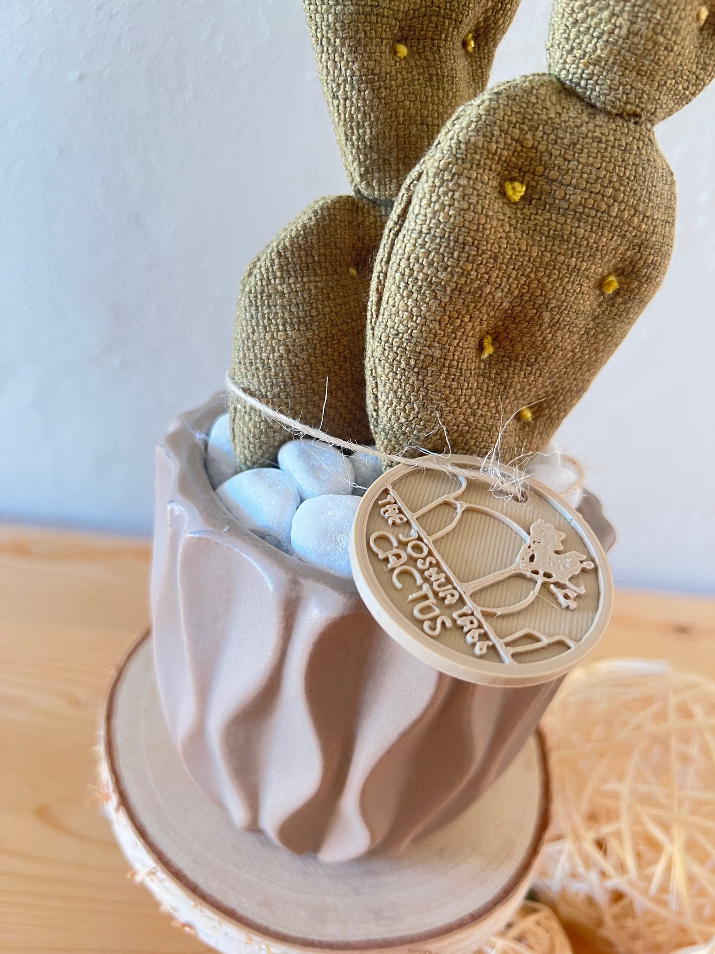 Opuntia in wool fabric complete with white ceramic vase and decorative stones.