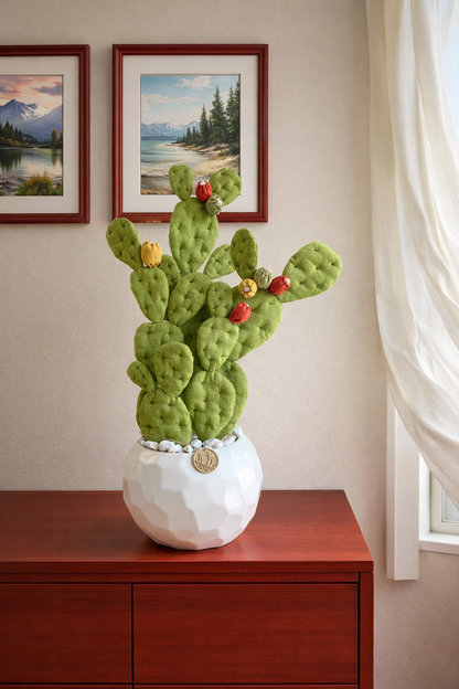 Opuntia in wool fabric complete with white ceramic vase and decorative stones.