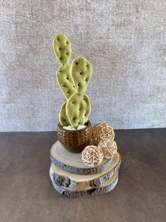 Opuntia mini in cotone giallo/verde, completa di vaso in ceramica lucida marrone con motivi