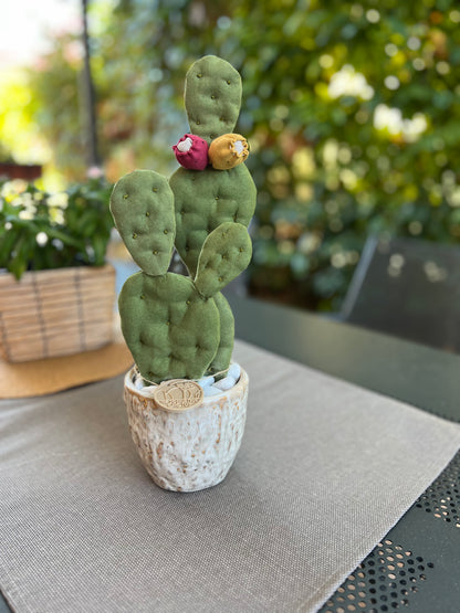 Opuntia Midi in alcantara verde, vaso in ceramica lucida beige con motivi - in pronta consegna