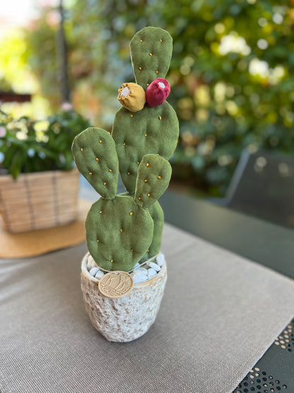 Opuntia Midi in alcantara verde, vaso in ceramica lucida beige con motivi - punti gialli - in pronta consegna