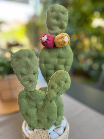 Opuntia Midi in alcantara verde, vaso in ceramica lucida beige con motivi - in pronta consegna