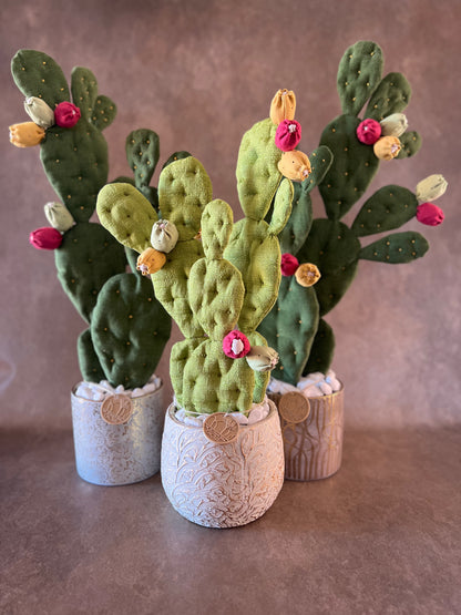 Opuntia verde scuro vaso in ceramica base oro con motivo floreale argento in pronta consegna