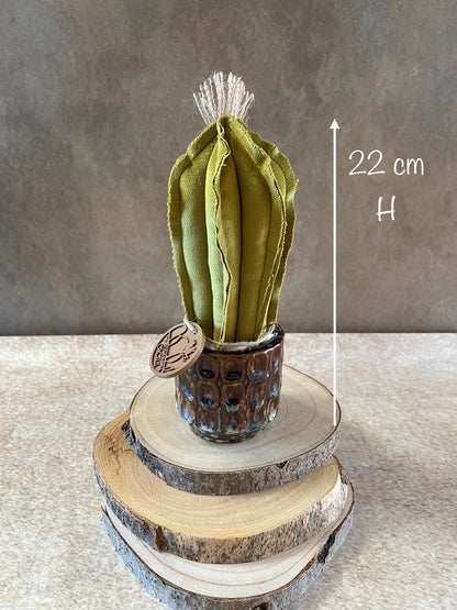 Mini Cactus in velluto verde, vaso in ceramica lucida color marrone con sfumature grigio/azzurro, altezza circa 22 cm.
