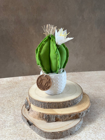 Mini Cactus in cotone verde, vaso in ceramica lucida bianca con motivo puntinato, altezza circa 17 cm