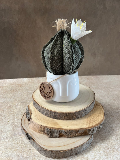 Mini Cactus in cotone mélange verde scuro, vaso in ceramica lucida bianca con motivo "volto", altezza circa 19 cm.