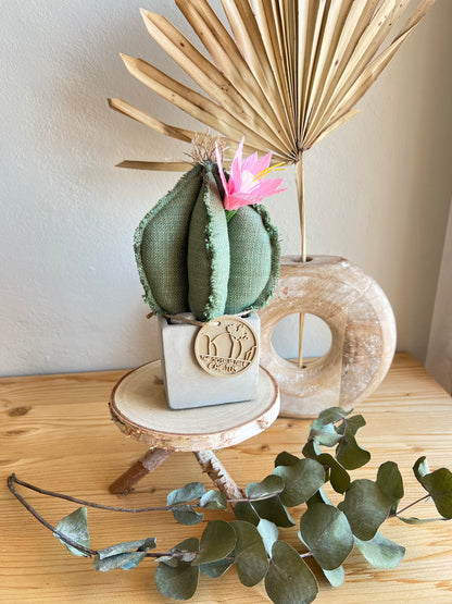 Mini Cactus in cotone verde, vaso a cubo in cemento, h circa16 cm - fiore staccabile.