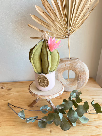 Mini Cactus in alcantara verde, vaso in ceramica rosa pallido, h circa 17 cm - fiore staccabile.