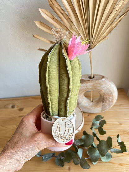 Mini Cactus in alcantara verde, vaso in ceramica rosa pallido, h circa 21 cm - fiore staccabile.