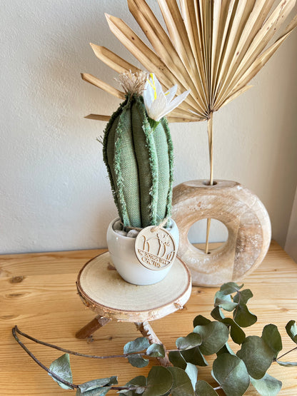 Mini Cactus in cotone verde, vaso in ceramica polverosa scura, h circa 21 cm - fiore staccabile.