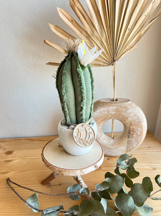 Mini Cactus in cotone verde, vaso in ceramica polverosa scura, h circa 21 cm - fiore staccabile.