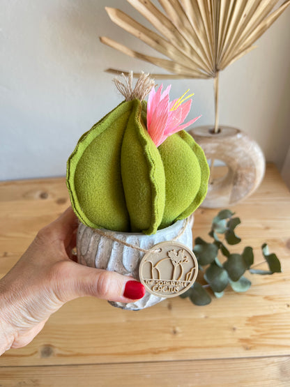 Mini Cactus in panno verde, vaso in cemento con motivi , h circa 18 cm - fiore staccabile.