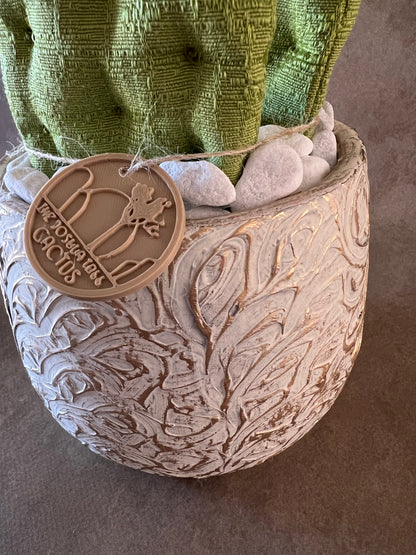 Opuntia verde chiaro vaso in ceramica bianco base opaca con motivo dorato in pronta consegna