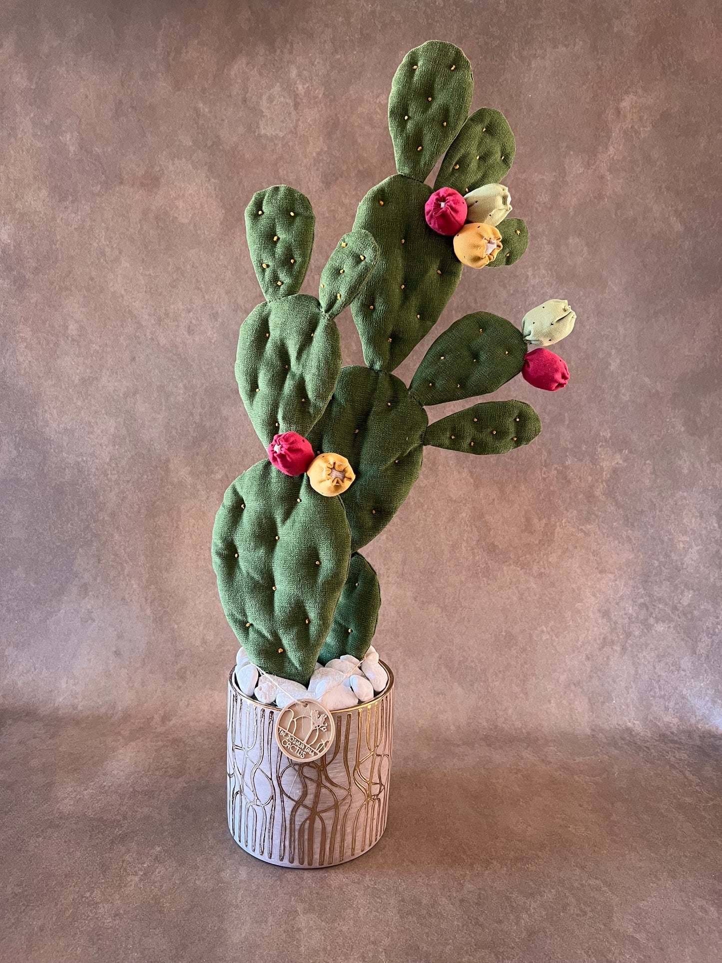 Opuntia verde scuro vaso in ceramica base grigia con motivo oro in pronta consegna