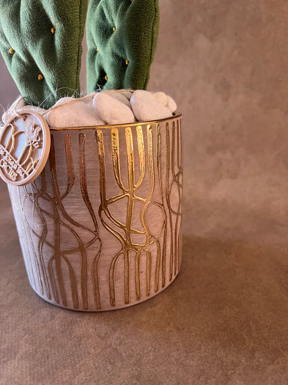 Opuntia verde scuro vaso in ceramica base grigia con motivo oro in pronta consegna