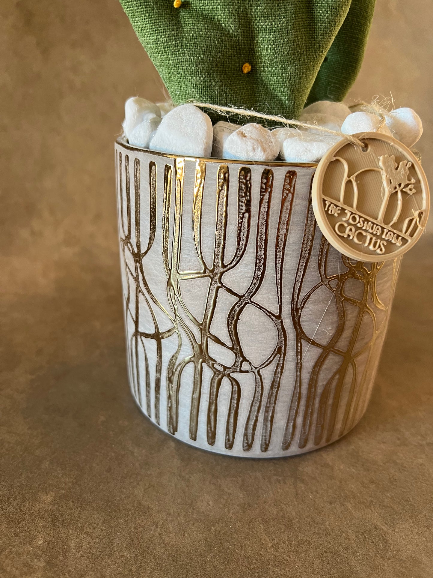 Opuntia verde scuro vaso in ceramica base grigia con motivo oro in pronta consegna