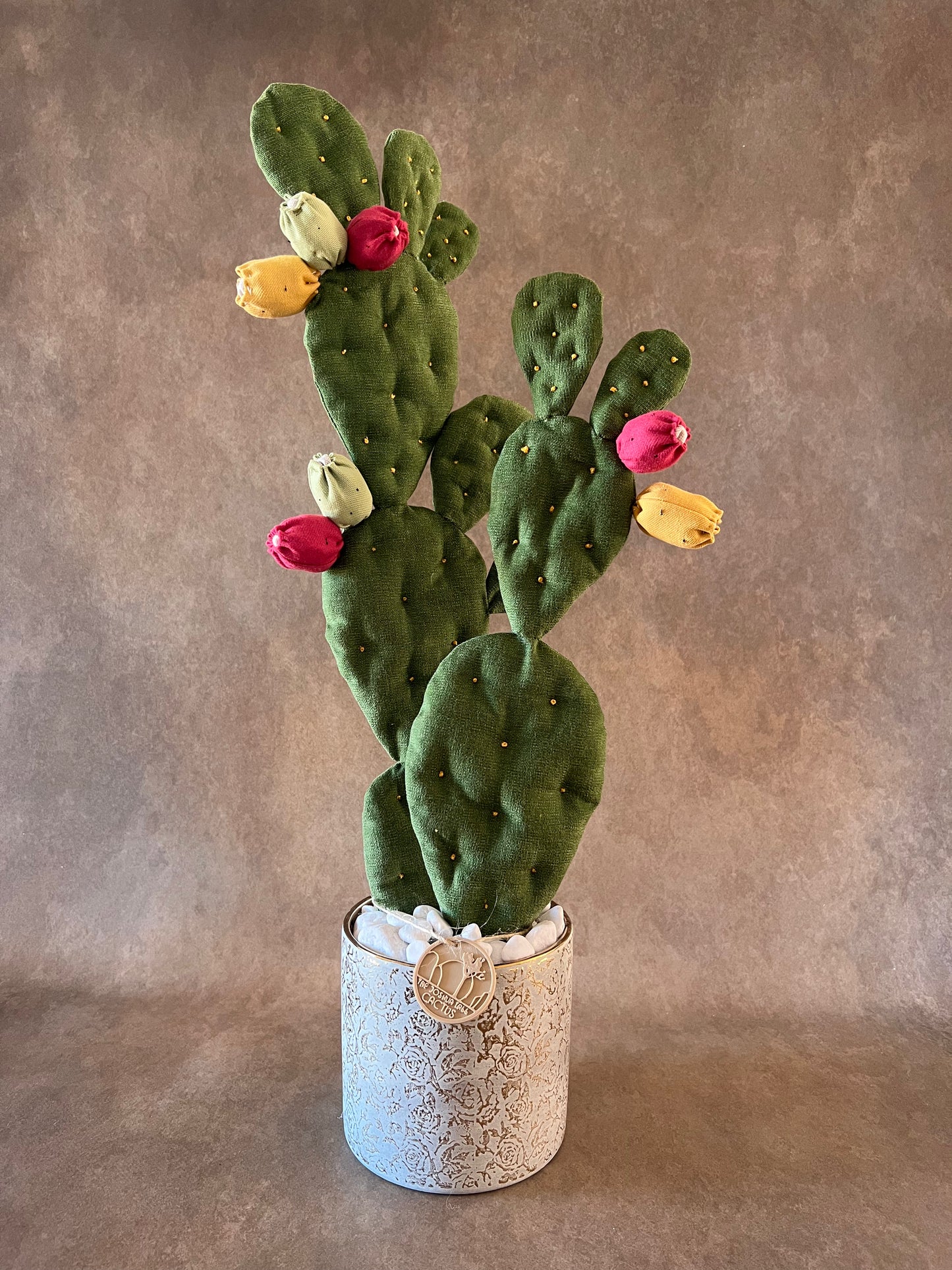 Opuntia verde scuro vaso in ceramica base oro con motivo floreale argento in pronta consegna
