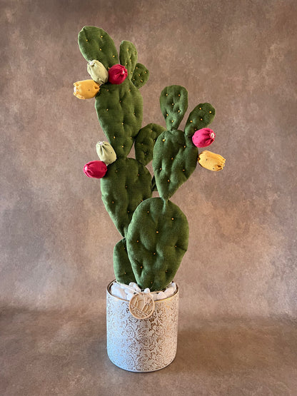 Opuntia verde scuro vaso in ceramica base oro con motivo floreale argento in pronta consegna