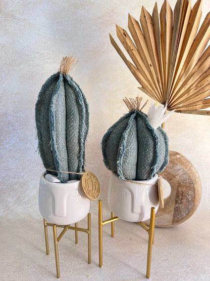 Coppia di mini Cactus in cotone azzurro, vasi  in ceramica bianca lucida con volto -  h circa 18 e 23  cm - fiore staccabile.