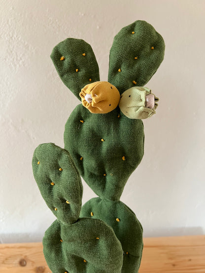 Opuntia Midi in cotone verde medio, vaso in ceramica lucida marrone- in pronta consegna