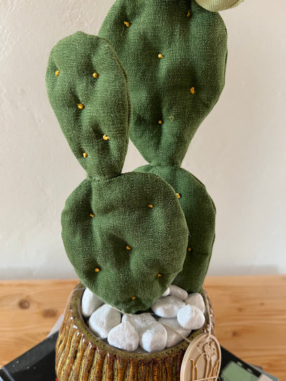 Opuntia Midi in cotone verde medio, vaso in ceramica lucida marrone- in pronta consegna