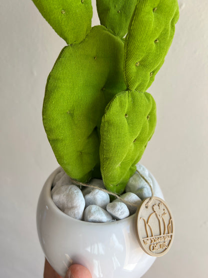 Mini Opuntia verde acido con vaso in ceramica bianco lucido - in pronta consegna