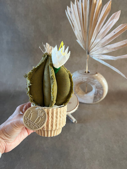 Mini Cactus in cotone verdeoro, vaso in ceramica beige vintage style -  h circa  18 cm - fiore staccabile.