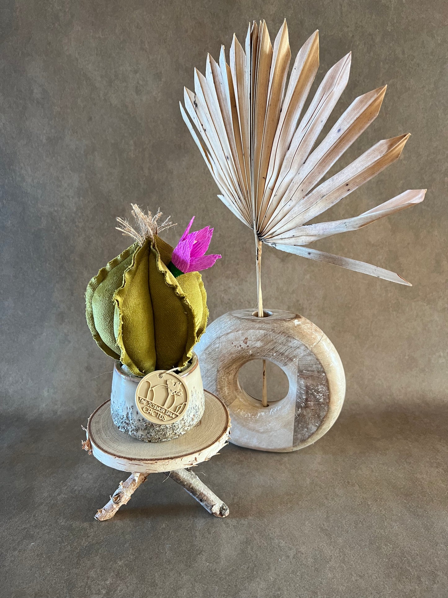 Mini Cactus in velluto verde, vaso in ceramica beige motivo astratto -  h circa  18 cm - fiore staccabile.