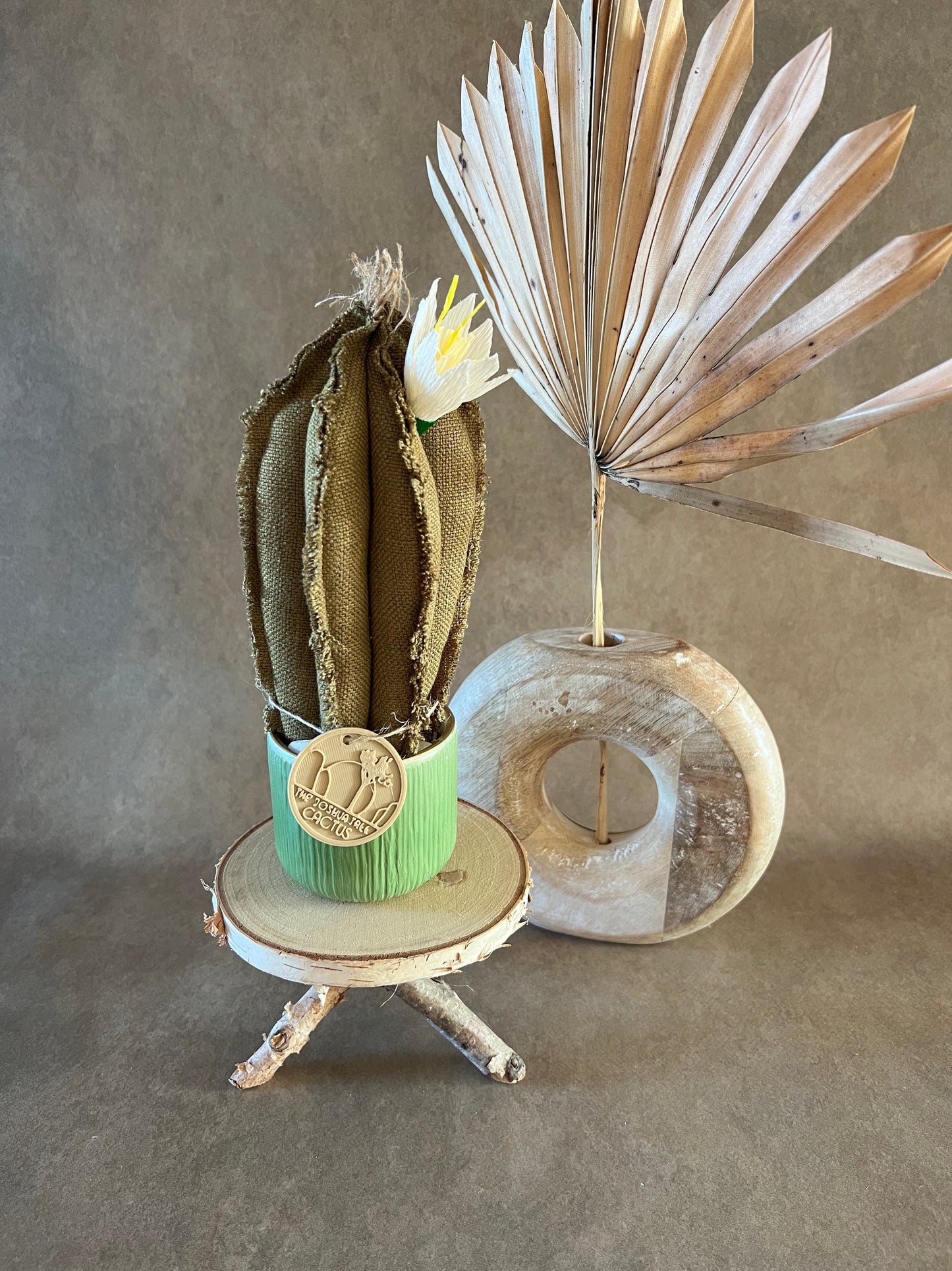 Mini Cactus in cotone verde, vaso in ceramica verde chiaro -  h circa 23 cm - fiore staccabile.