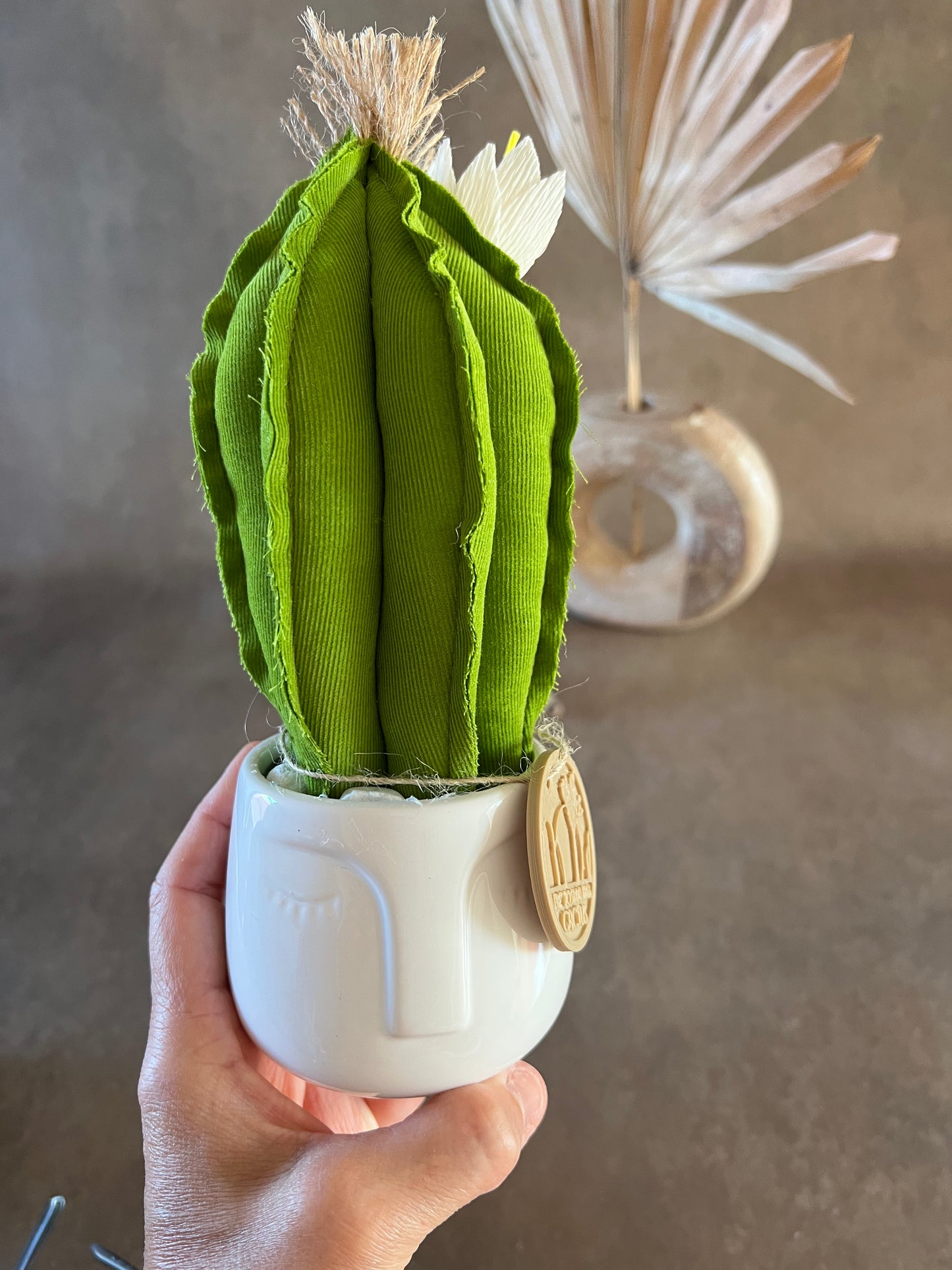Mini Cactus in velluto millerighe verde acido, vaso in ceramica bianco liscio con volto -  h circa  22  cm - fiore staccabile.