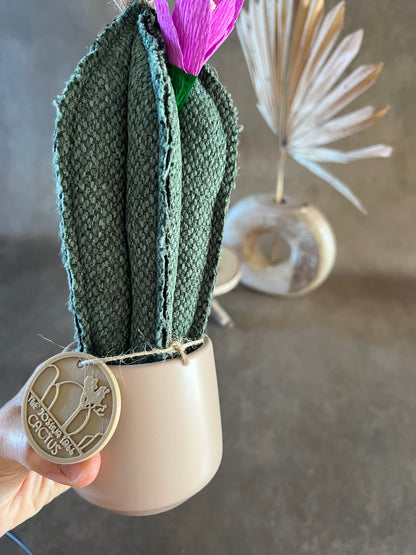 Mini Cactus in cotone verde scuro mélange, vaso in ceramica rosa pallido opaco liscio -  h circa 23 cm - fiore staccabile.
