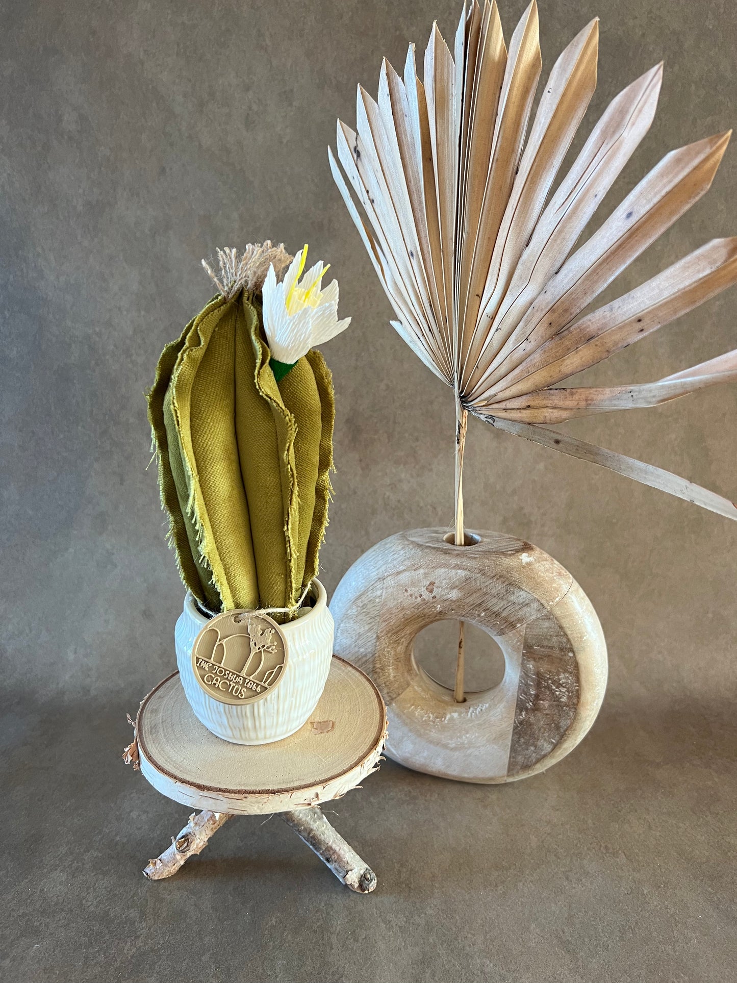 Mini Cactus in velluto verde, vaso in ceramica bianca con striature beige  -  h circa 22 cm - fiore staccabile.