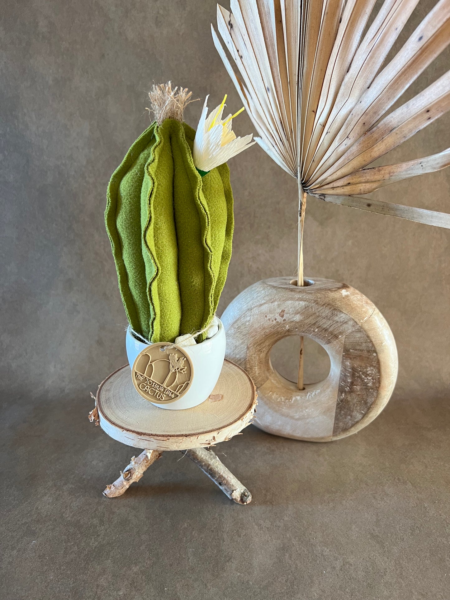 Mini Cactus in panno verde, vaso in ceramica bianco liscio -  h circa  22  cm - fiore staccabile.