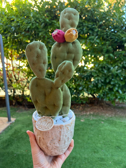 Opuntia Midi in alcantara verde, vaso in ceramica lucida beige con motivi - in pronta consegna