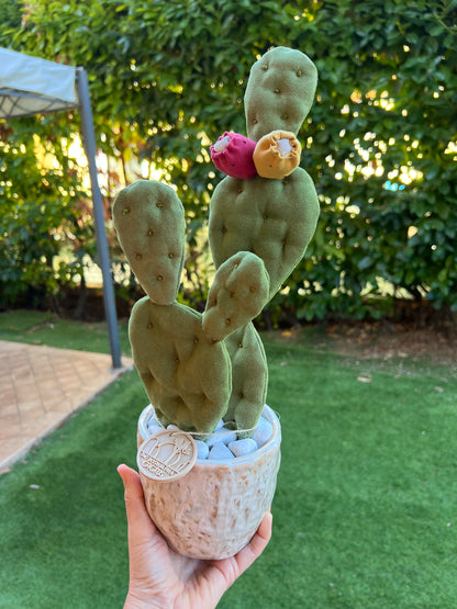Opuntia Midi in alcantara verde, vaso in ceramica lucida beige con motivi - in pronta consegna