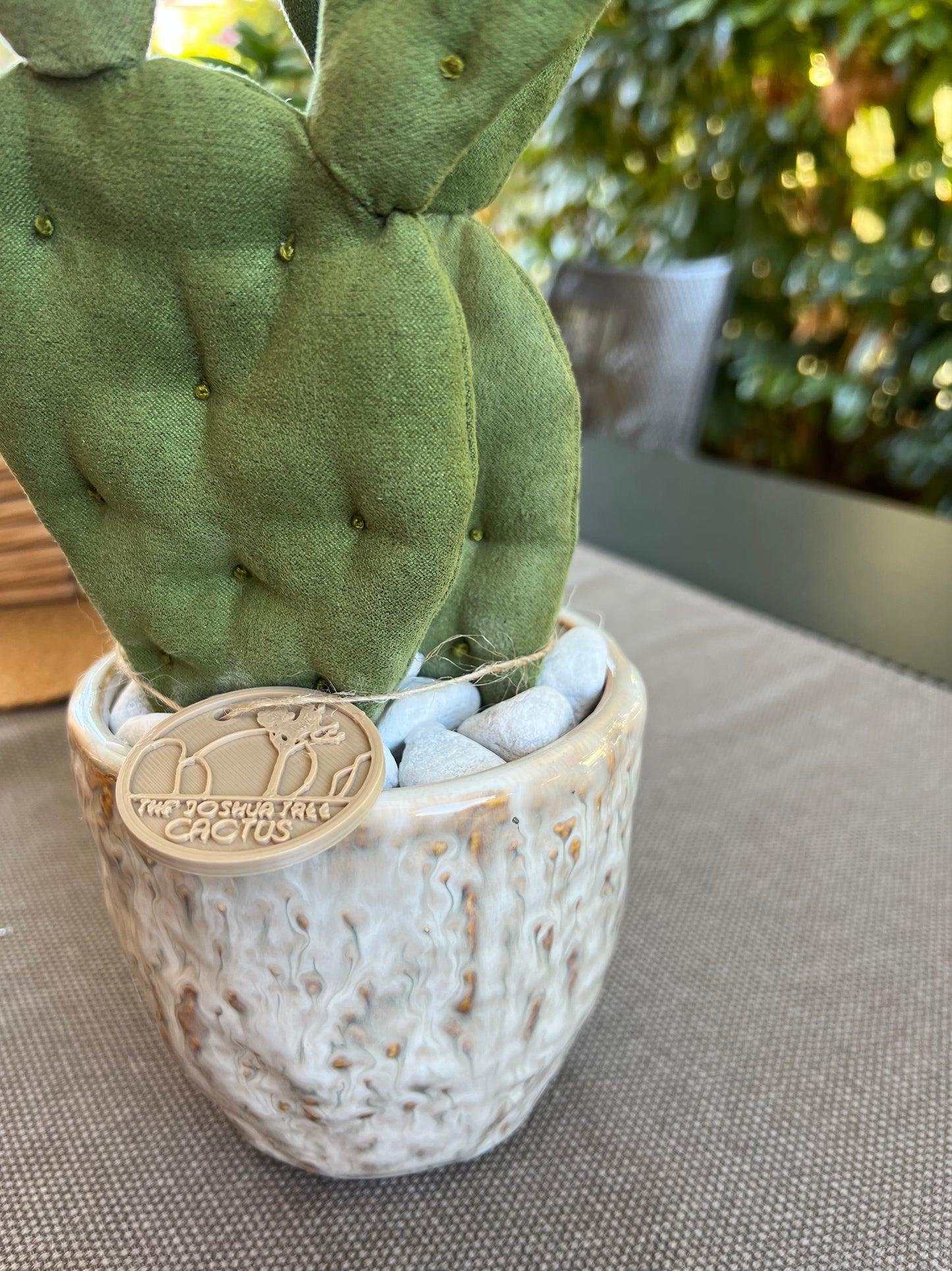 Opuntia Midi in alcantara verde, vaso in ceramica lucida beige con motivi - in pronta consegna