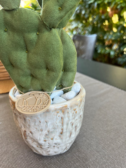 Opuntia Midi in alcantara verde, vaso in ceramica lucida beige con motivi - in pronta consegna