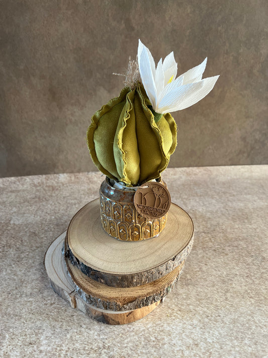 Mini Cactus in velluto verde chiaro, vaso in ceramica lucida disegno azteco, altezza circa 18 cm.