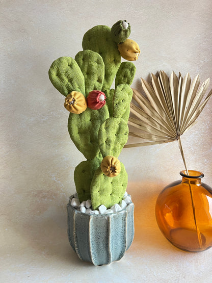 Opuntia in cotone verde chiaro vaso azzurro