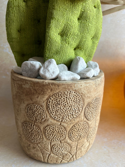 Opuntia in wool fabric complete with white ceramic vase and decorative stones.