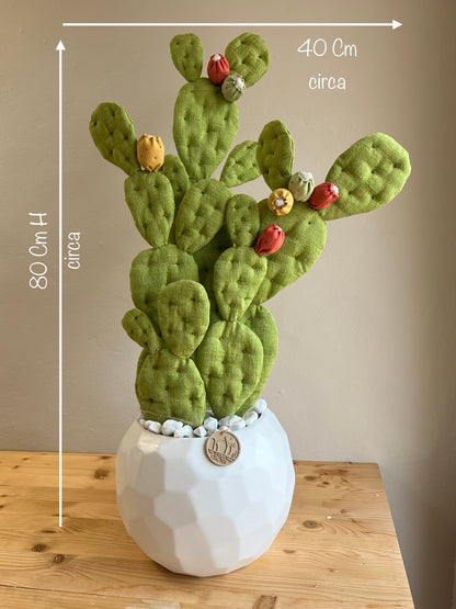Opuntia in wool fabric complete with white ceramic vase and decorative stones.