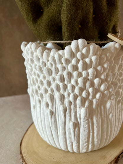 Opuntia in wool fabric complete with white ceramic vase and decorative stones.
