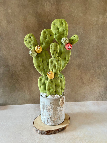 Opuntia in wool fabric complete with white ceramic vase and decorative stones.